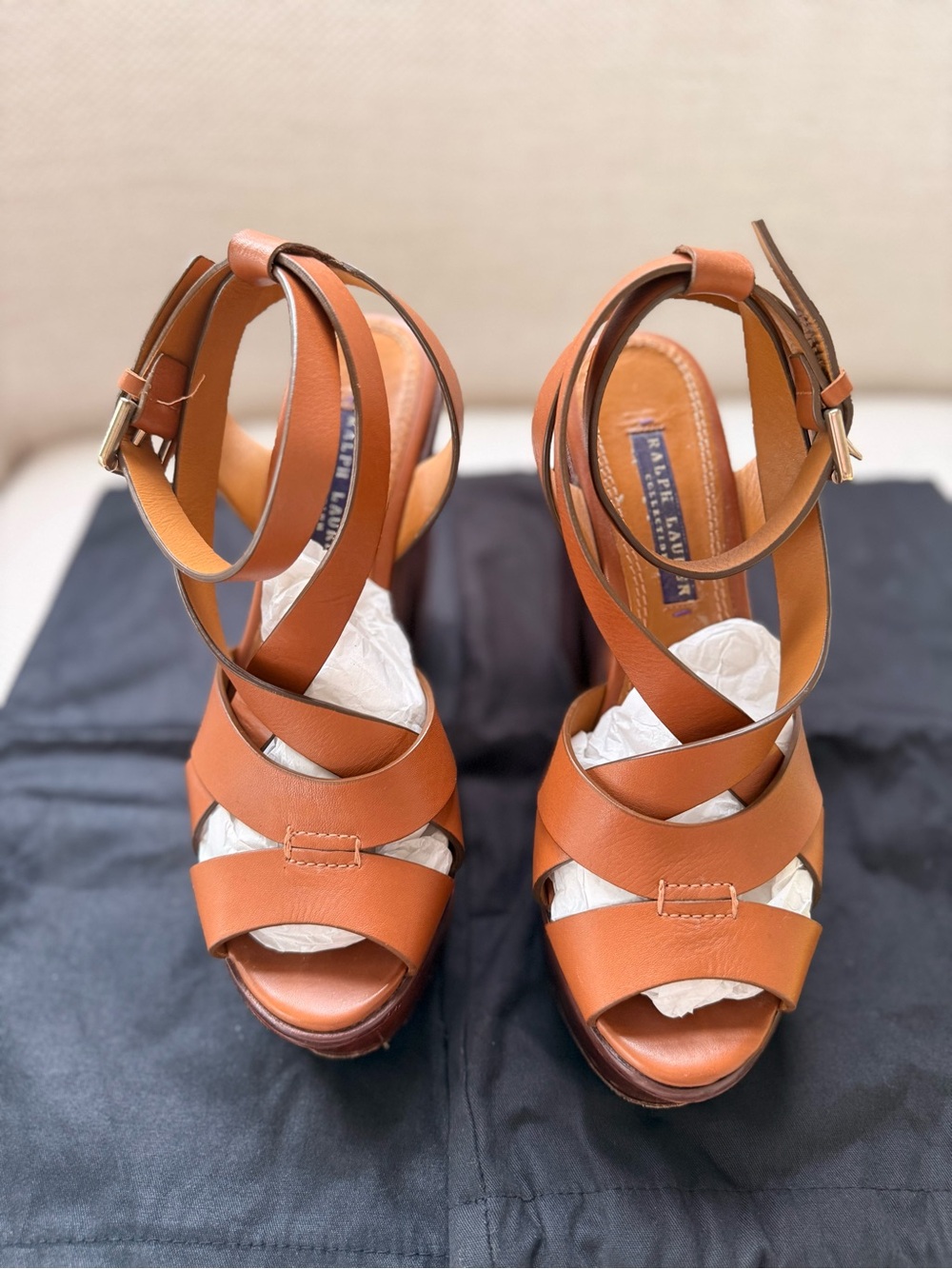 Ralph Lauren Collection Cognac Leather Strappy Platform Sandals